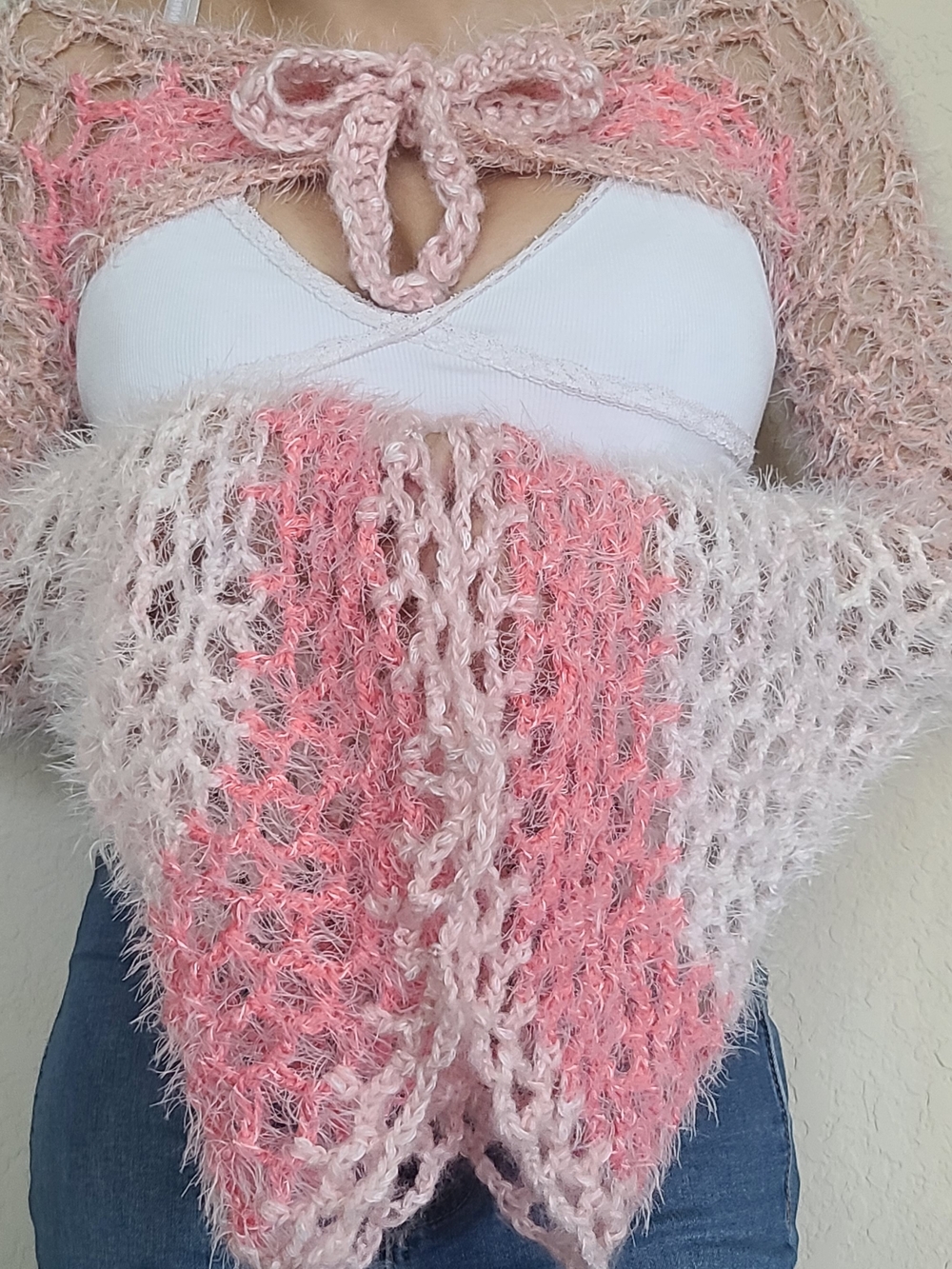 Pink Fuzzy Crochet Bolero Shrug Flare Sleeve